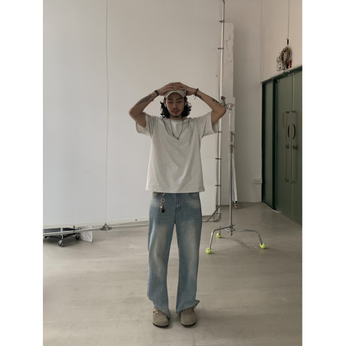 美式高街復古vintage水洗直筒淺藍色牛仔褲男女cleanfit長褲子潮 美式高街復古vintage水洗直筒淺藍色牛仔褲男女cleanfit長褲子潮