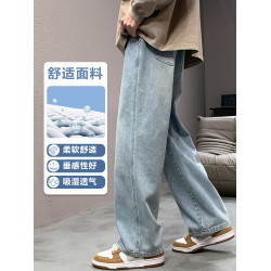 黃泥色牛仔褲男秋冬加絨寬松直筒褲濶腿潮牌美式高街vibe褲子男生