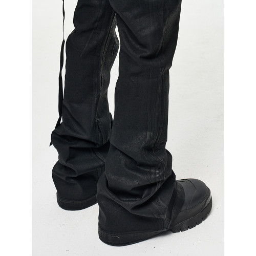 CWHAT高街RO風塗層刷膠微喇叭拖地牛仔褲男潮牌寬松微彈上蠟褲子 CWHAT高街RO風塗層刷膠微喇叭拖地牛仔褲男潮牌寬松微彈上蠟褲子