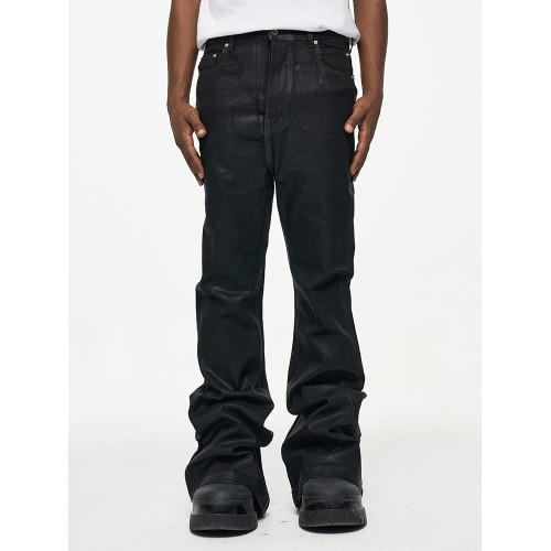 CWHAT高街RO風塗層刷膠微喇叭拖地牛仔褲男潮牌寬松微彈上蠟褲子 CWHAT高街RO風塗層刷膠微喇叭拖地牛仔褲男潮牌寬松微彈上蠟褲子