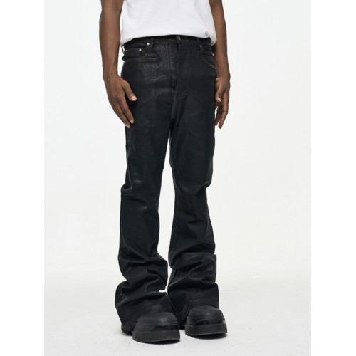 CWHAT高街RO風塗層刷膠微喇叭拖地牛仔褲男潮牌寬松微彈上蠟褲子 CWHAT高街RO風塗層刷膠微喇叭拖地牛仔褲男潮牌寬松微彈上蠟褲子