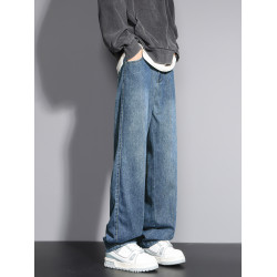 獵璞牛仔褲男新款休閒褲藍色直筒褲男士寬松美式冬季彎刀工裝長褲