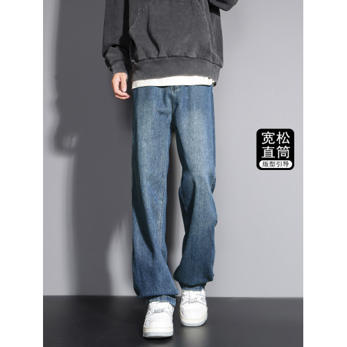 獵璞牛仔褲男新款休閒褲藍色直筒褲男士寬松美式冬季彎刀工裝長褲