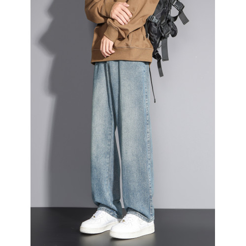 獵璞牛仔褲男新款休閒褲藍色直筒褲男士寬松美式冬季彎刀工裝長褲