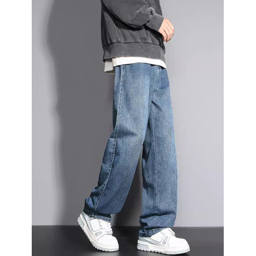 獵璞牛仔褲男新款休閒褲藍色直筒褲男士寬松美式冬季彎刀工裝長褲