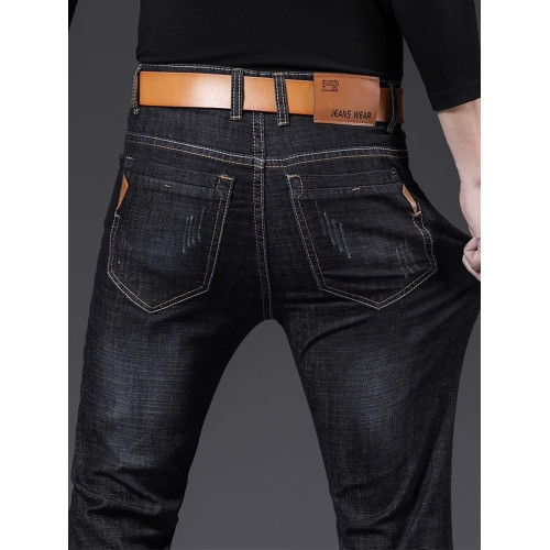 2025秋季新款彈力修身黑色牛仔褲男士直筒寬鬆休閒長褲子秋冬加絨