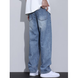 Kuvine秋冬季寬松濶腿水洗牛仔褲男款加絨加厚美式復古高街直筒褲