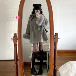 畱洋千金風雙面呢子鬭篷灰色大衣女初秋狐狸毛袖氣質名媛毛呢外套