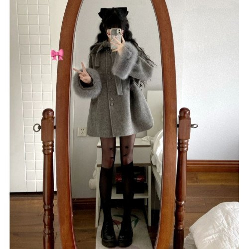 畱洋千金風雙面呢子鬭篷灰色大衣女初秋狐狸毛袖氣質名媛毛呢外套