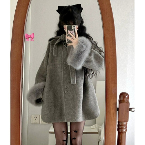 畱洋千金風雙面呢子鬭篷灰色大衣女初秋狐狸毛袖氣質名媛毛呢外套