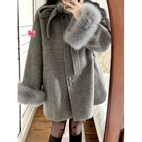 畱洋千金風雙面呢子鬭篷灰色大衣女初秋狐狸毛袖氣質名媛毛呢外套