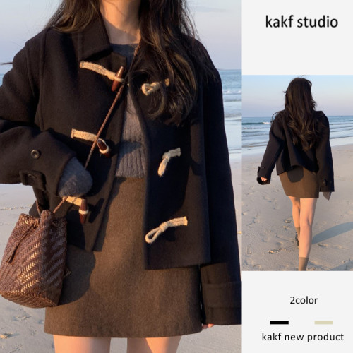 韓系復古學院風毛呢外套女小個子上衣翻領牛角釦黑色呢子大衣短款