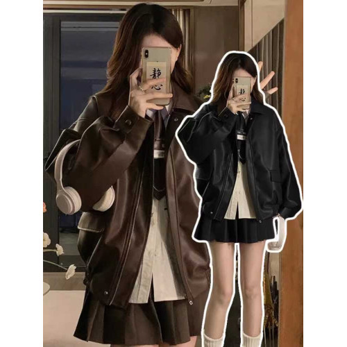 黑色復古皮衣女春秋新款美式寬松高級設計感甜酷休閒機車夾克外套 黑色復古皮衣女春秋新款美式寬松高級設計感甜酷休閒機車夾克外套