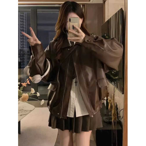 黑色復古皮衣女春秋新款美式寬松高級設計感甜酷休閒機車夾克外套 黑色復古皮衣女春秋新款美式寬松高級設計感甜酷休閒機車夾克外套