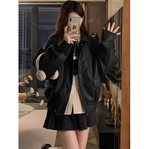 黑色復古皮衣女春秋新款美式寬松高級設計感甜酷休閒機車夾克外套 黑色復古皮衣女春秋新款美式寬松高級設計感甜酷休閒機車夾克外套