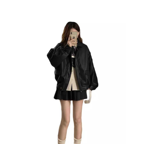 黑色復古皮衣女春秋新款美式寬松高級設計感甜酷休閒機車夾克外套 黑色復古皮衣女春秋新款美式寬松高級設計感甜酷休閒機車夾克外套