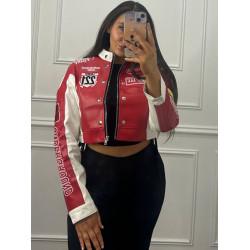 SylCue 吉普賽帥氣機車風字母印花拉鍊短外套撞色拼接修身上衣潮