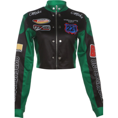 SylCue 吉普賽帥氣機車風字母印花拉鍊短外套撞色拼接修身上衣潮 SylCue 吉普賽帥氣機車風字母印花拉鍊短外套撞色拼接修身上衣潮