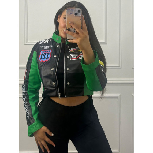 SylCue 吉普賽帥氣機車風字母印花拉鍊短外套撞色拼接修身上衣潮 SylCue 吉普賽帥氣機車風字母印花拉鍊短外套撞色拼接修身上衣潮