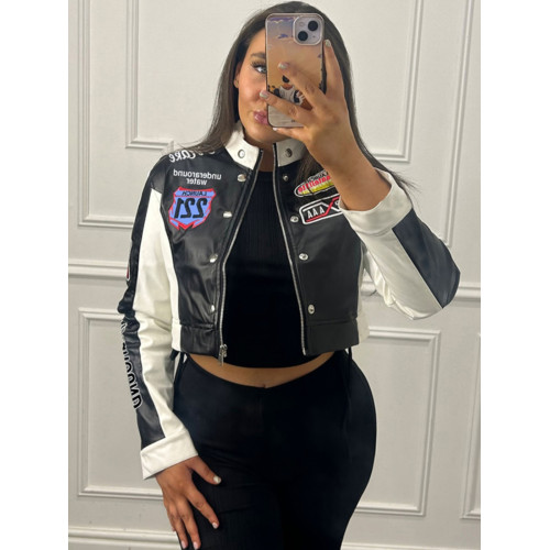 SylCue 吉普賽帥氣機車風字母印花拉鍊短外套撞色拼接修身上衣潮 SylCue 吉普賽帥氣機車風字母印花拉鍊短外套撞色拼接修身上衣潮