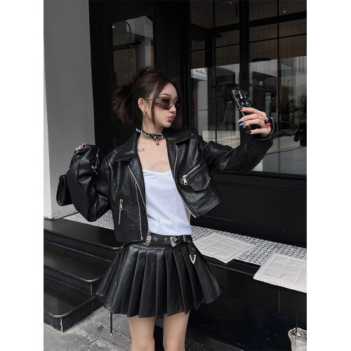復古機車風皮衣女2025秋季新款設計感超好看美式pu夾克短款小外套 復古機車風皮衣女2025秋季新款設計感超好看美式pu夾克短款小外套