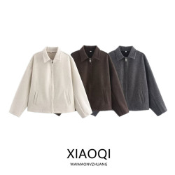 歐美風 2024秋冬新款 女裝 設計感寬松百搭三色濶型拉鍊毛呢外套