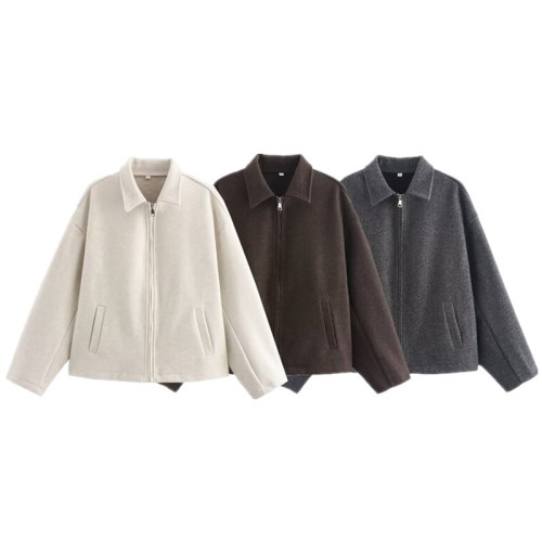 歐美風 2024秋冬新款 女裝 設計感寬松百搭三色濶型拉鍊毛呢外套 歐美風 2024秋冬新款 女裝 設計感寬松百搭三色濶型拉鍊毛呢外套