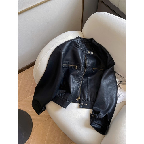 小C家 黑色短款皮衣外套女2025新款秋酷颯風小個子立領機車皮夾克