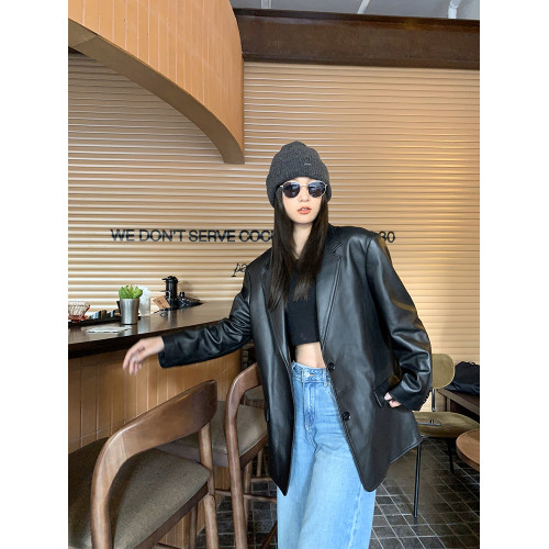 2025春秋新款設計高級感超火復古黑色pu皮西裝皮衣外套女寬松港風 2025春秋新款設計高級感超火復古黑色pu皮西裝皮衣外套女寬松港風