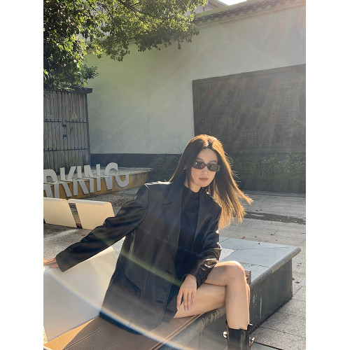 2025春秋新款設計高級感超火復古黑色pu皮西裝皮衣外套女寬松港風 2025春秋新款設計高級感超火復古黑色pu皮西裝皮衣外套女寬松港風