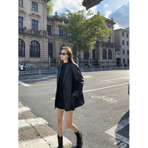 2025春秋新款設計高級感超火復古黑色pu皮西裝皮衣外套女寬松港風 2025春秋新款設計高級感超火復古黑色pu皮西裝皮衣外套女寬松港風