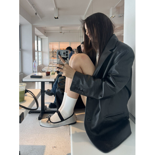 2025春秋新款設計高級感超火復古黑色pu皮西裝皮衣外套女寬松港風 2025春秋新款設計高級感超火復古黑色pu皮西裝皮衣外套女寬松港風