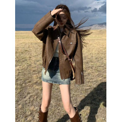 美式復古咖色外套機車皮衣女春秋季寬松高級感超好看pu皮開衫上衣