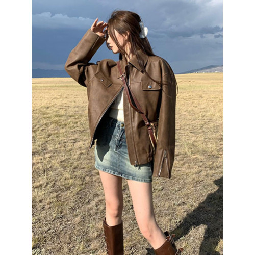 美式復古咖色外套機車皮衣女春秋季寬松高級感超好看pu皮開衫上衣 美式復古咖色外套機車皮衣女春秋季寬松高級感超好看pu皮開衫上衣