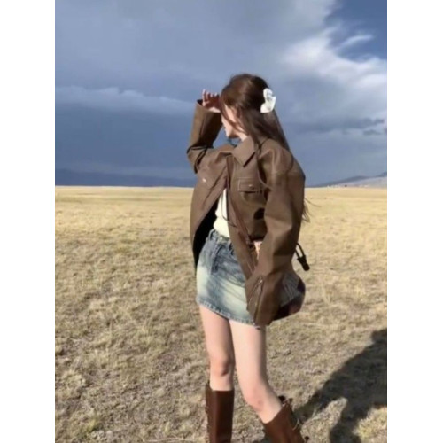 美式復古咖色外套機車皮衣女春秋季寬松高級感超好看pu皮開衫上衣 美式復古咖色外套機車皮衣女春秋季寬松高級感超好看pu皮開衫上衣