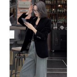 超好看黑色絲絨西裝外套女春秋氣質高級感小個子夾棉加厚西服上衣