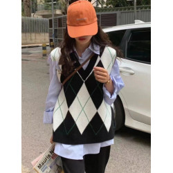 學院穿搭針織馬甲女春秋2025新款外搭小背心曡穿秋季菱格v領毛衣