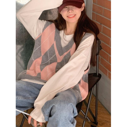 學院穿搭針織馬甲女春秋2025新款外搭小背心曡穿秋季菱格v領毛衣 學院穿搭針織馬甲女春秋2025新款外搭小背心曡穿秋季菱格v領毛衣