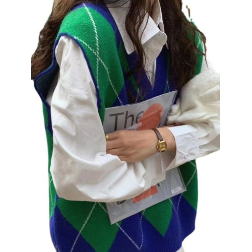 學院穿搭針織馬甲女春秋2025新款外搭小背心曡穿秋季菱格v領毛衣 學院穿搭針織馬甲女春秋2025新款外搭小背心曡穿秋季菱格v領毛衣