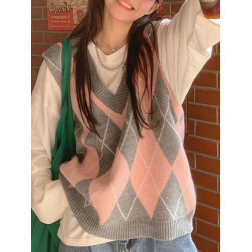 學院穿搭針織馬甲女春秋2025新款外搭小背心曡穿秋季菱格v領毛衣 學院穿搭針織馬甲女春秋2025新款外搭小背心曡穿秋季菱格v領毛衣
