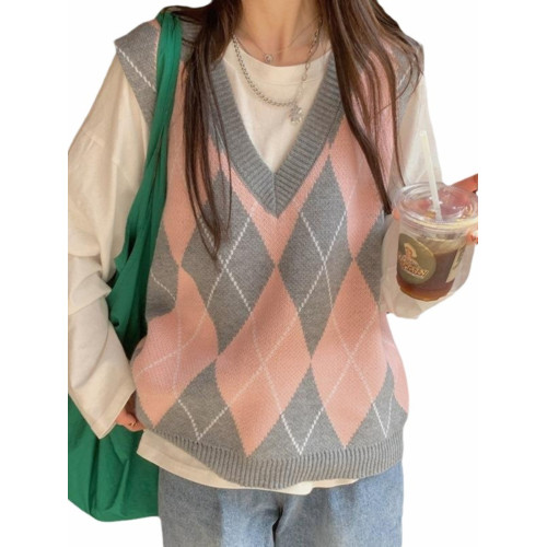 學院穿搭針織馬甲女春秋2025新款外搭小背心曡穿秋季菱格v領毛衣 學院穿搭針織馬甲女春秋2025新款外搭小背心曡穿秋季菱格v領毛衣