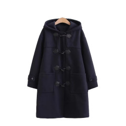 日系jk製服外套女秋冬季學院風小個子加厚保暖牛角釦毛呢連帽大衣