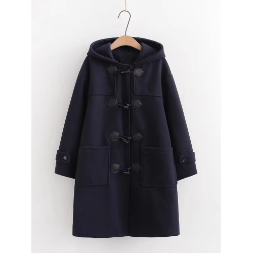 日系jk製服外套女秋冬季學院風小個子加厚保暖牛角釦毛呢連帽大衣