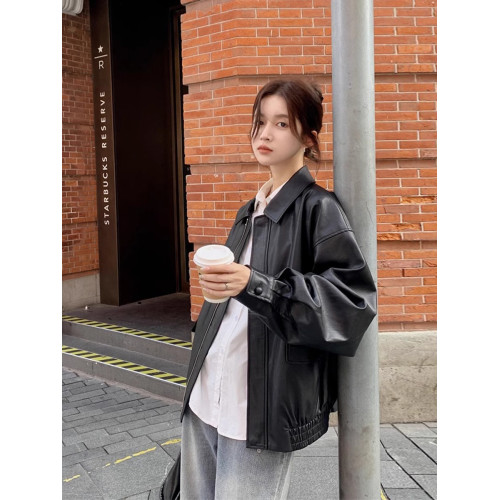 皮衣外套女2025春秋新款復古黑色高級感小個子休閒寬松大碼皮夾克 皮衣外套女2025春秋新款復古黑色高級感小個子休閒寬松大碼皮夾克