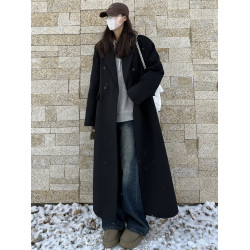 2024秋冬超長款毛呢外套女寬松顯瘦氣質黑色高個子加厚冬季大衣潮