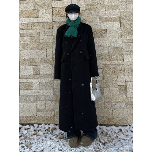 2024秋冬超長款毛呢外套女寬松顯瘦氣質黑色高個子加厚冬季大衣潮