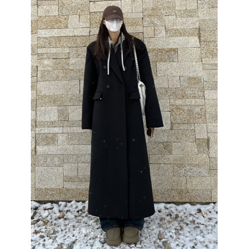 2024秋冬超長款毛呢外套女寬松顯瘦氣質黑色高個子加厚冬季大衣潮