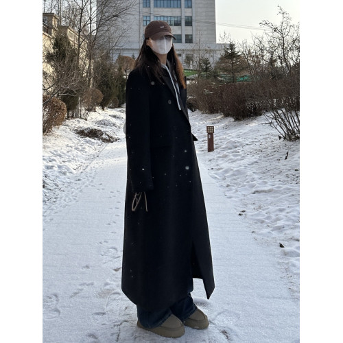 2024秋冬超長款毛呢外套女寬松顯瘦氣質黑色高個子加厚冬季大衣潮