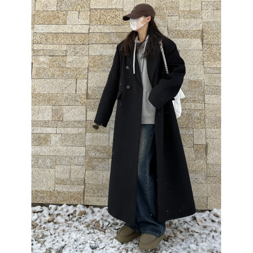 2024秋冬超長款毛呢外套女寬松顯瘦氣質黑色高個子加厚冬季大衣潮