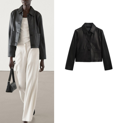 春季新品女高級感優雅氣質法式黑色翻領PU皮衣短外套 4703813 春季新品女高級感優雅氣質法式黑色翻領PU皮衣短外套 4703813